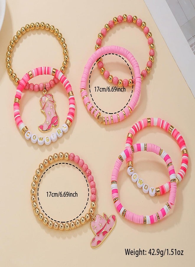 mintolex 7 Pack Western Cowgirl Beaded Stretch Boho Bracelets for Women Stackable Pink Cowgirl Hat Boots Accessories Turquoise Cow Cactus Flower Charms Bracelets Western Jewelry Gifts, CG-Pink - Image 3